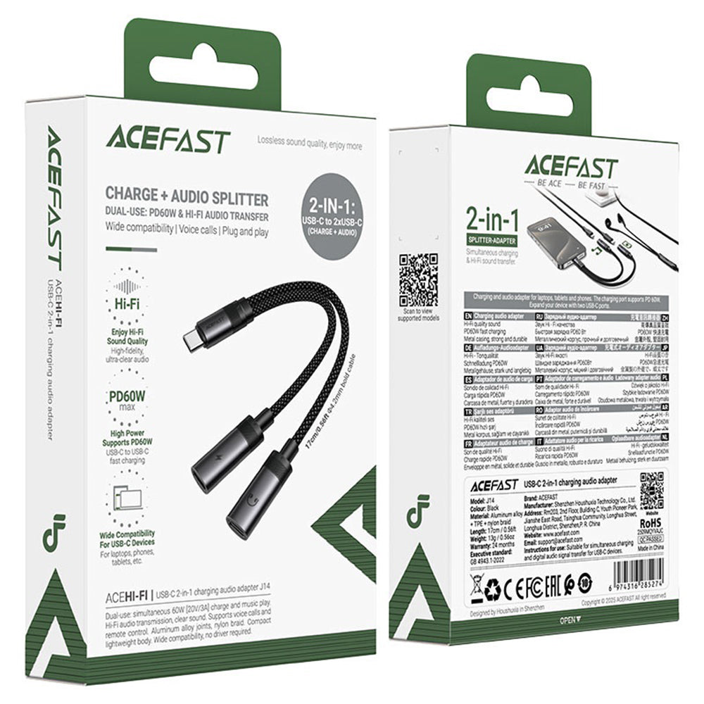 Προσαρμογέας Ήχου USB-C - 2 x USB-C Acefast J14, Μαύρο