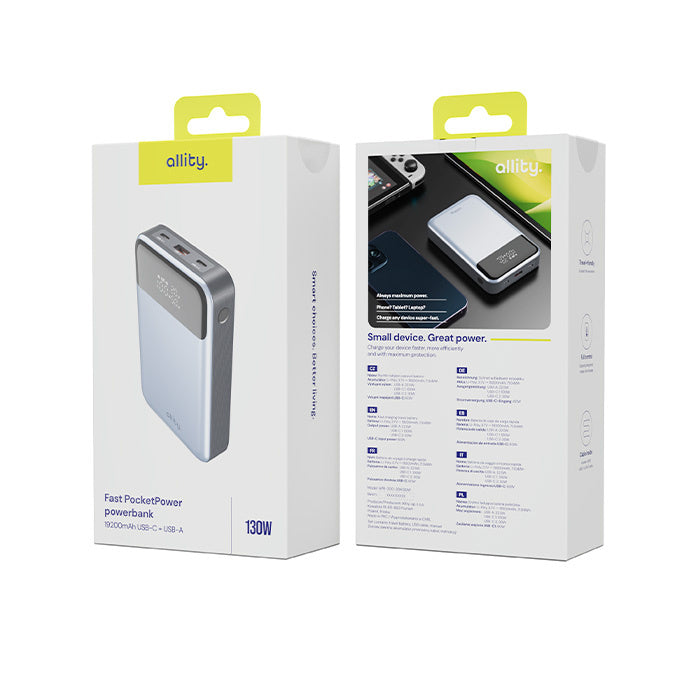 Εξωτερική Μπαταρία Allity. APB-200 PocketPower, 19200mAh, 130W, QC + PD, 1 x USB-A - 2 x USB-C, Γκρι