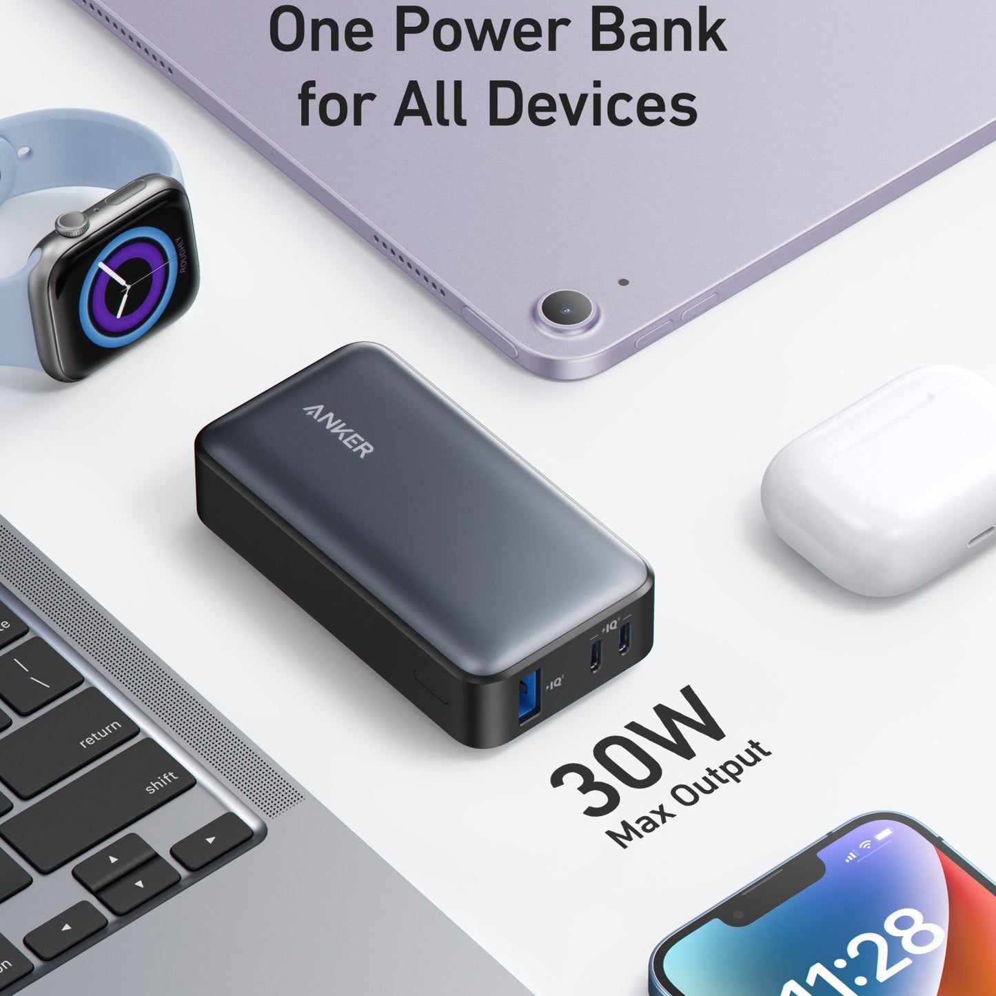 Εξωτερική Μπαταρία Anker 533, 10000mAh, 30W, QC + PD, 1 x USB-A - 2 x USB-C, Μαύρη A1256G11