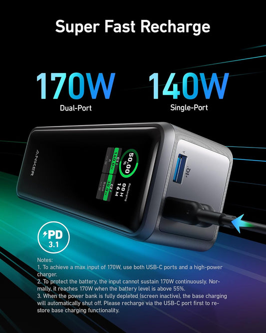 Anker Prime External Battery, 27650mAh, 250W, QC + PD, 1 x USB-A - 2 x USB-C, Black A1340011 A1340011