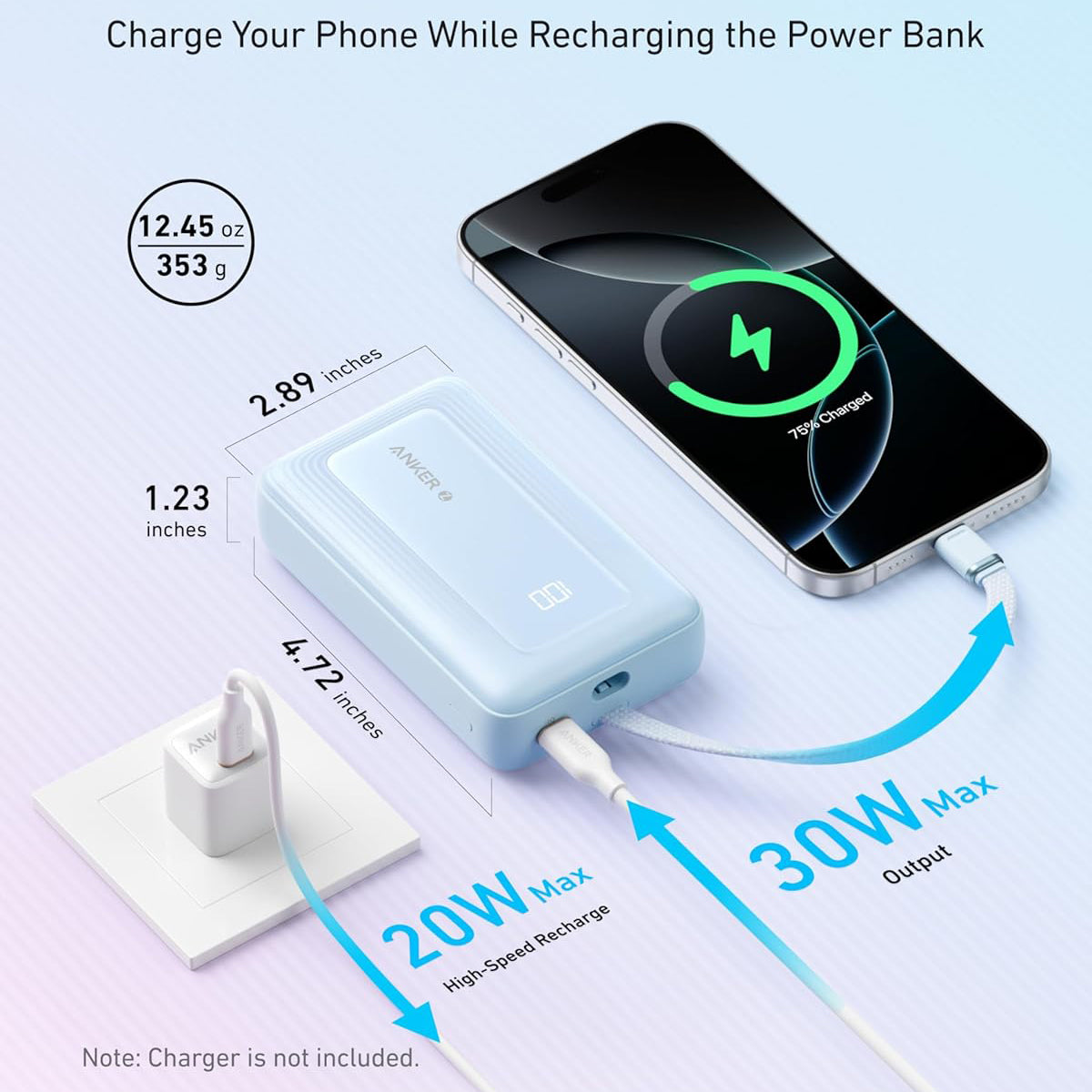 Anker Zolo External Battery, 20000mAh, 30W, QC + PD, 1 x USB-A - 2 x USB-C, Blue A1689031