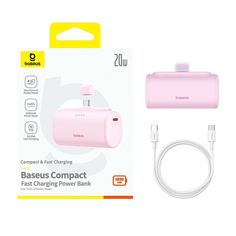 Εξωτερική Μπαταρία Baseus Compact, 5000mAh, 20W, PD, 2 x USB-C, Ροζ P10068306413-00