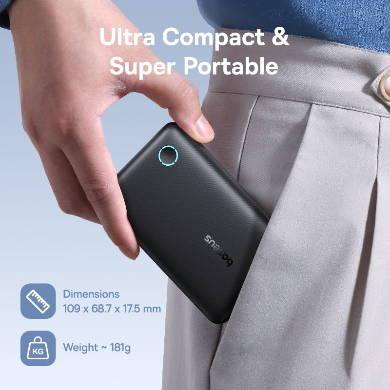 Baseus EnerFill FP11 External Battery, 10000mAh, 15W, 1 x USB-A - 1 x USB-C, Black P1008210C123