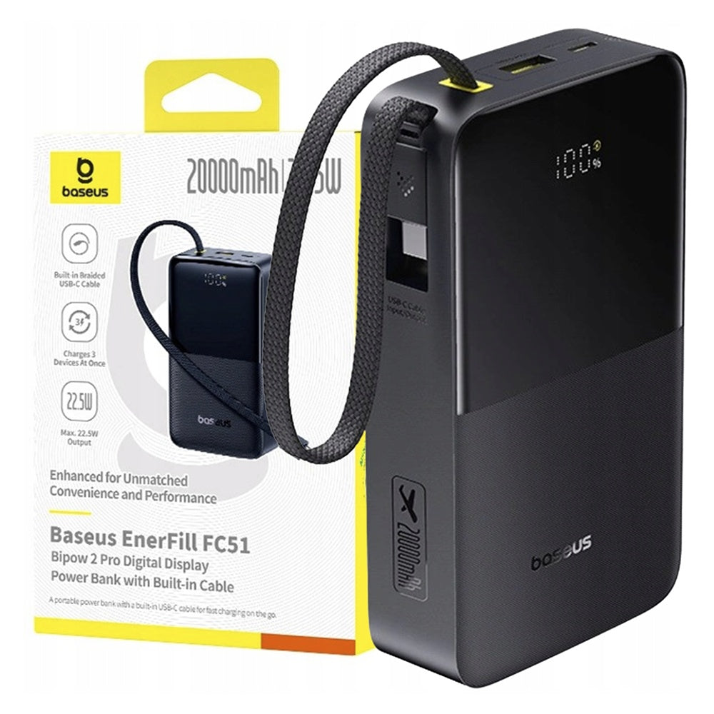 Εξωτερική Μπαταρία Baseus EnerFill Bipow2 Pro, 20000mAh, 22.5W, QC + PD, 1 x USB-A - 2 x USB-C, Μαύρη E0027701