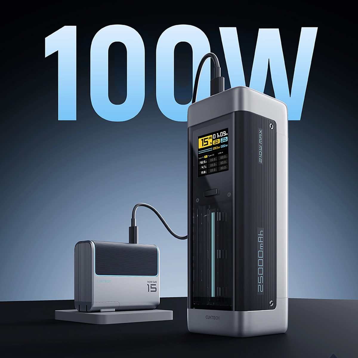 Εξωτερική Μπαταρία Cuktech, 25000mAh, 210W, QC + PD, 1 x USB-A - 2 x USB-C, Μαύρη CUK00P23GLBK