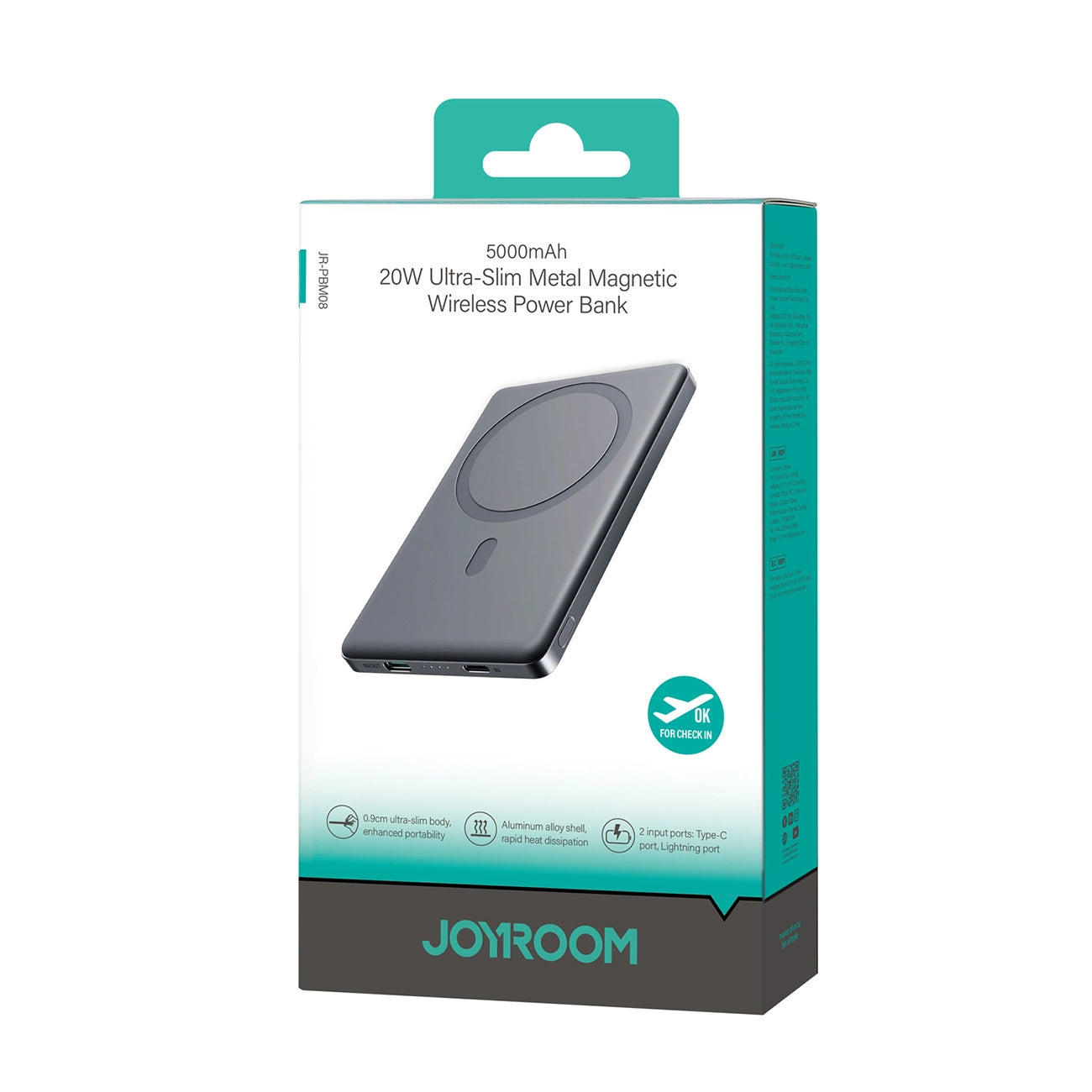 Joyroom JR-PBM08 Wireless External Battery, 5000mAh, 20W, PD + FQI, 1 x QI - 1 x USB-C, Grey