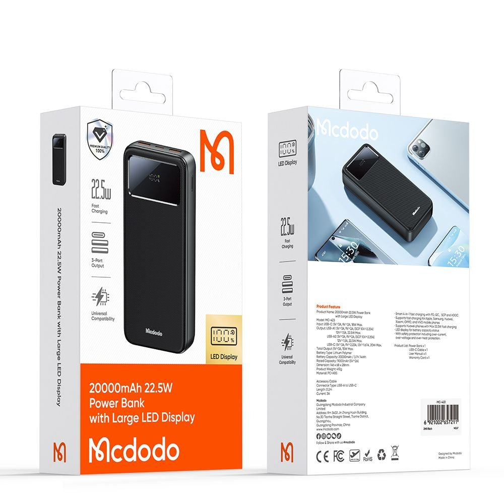 Εξωτερική Μπαταρία McDodo MC-4230, 20000mAh, 22.5W, QC + PD, 2 x USB-A - 1 x USB-C, Μαύρη