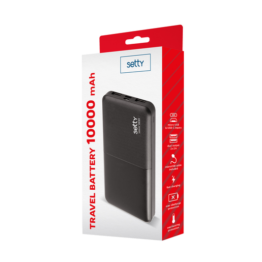 Εξωτερική Μπαταρία Setty, 10000mAh, 10W, 2 x USB-A, Μαύρη