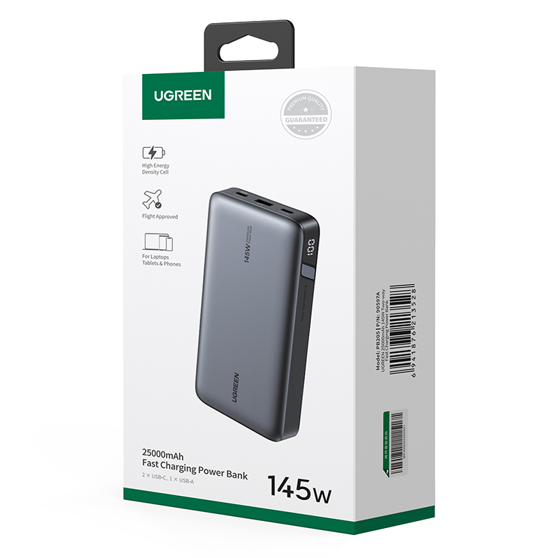 Εξωτερική Μπαταρία UGREEN PB205, 25000mAh, 145W, QC + PD, 1 x USB-A - 2 x USB-C, Γκρι