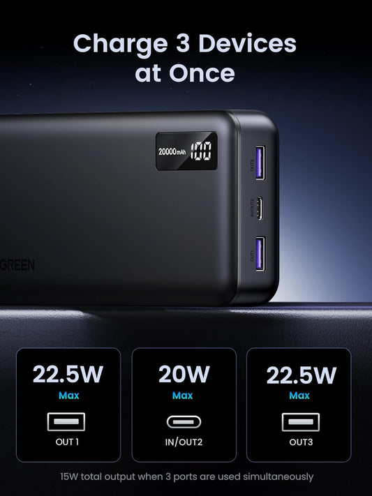 Εξωτερική μπαταρία UGREEN PB312, 20000mAh, 22,5W, QC + PD, 1 x USB-C - 2 x USB-A, Μαύρο