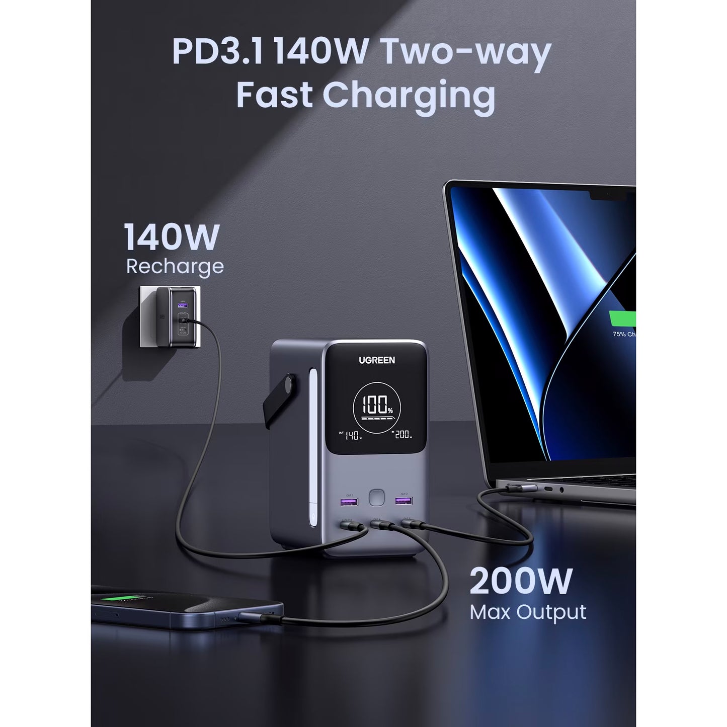 Εξωτερική Μπαταρία UGREEN PB770, 48000mAh, 300W, QC + PD, 2 x USB-A - 3 x USB-C, Γκρι