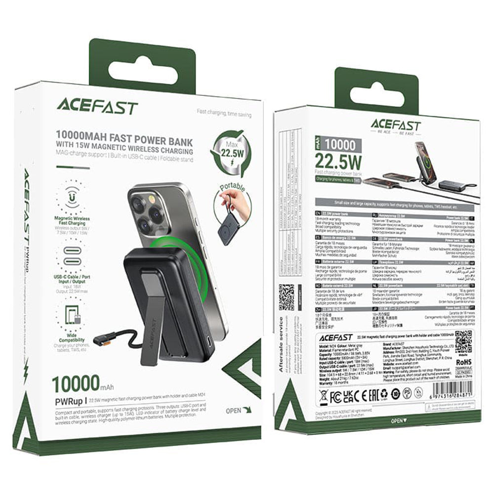 Εξωτερική Μπαταρία Wireless Acefast M24, 10000mAh, 22.5W, PD + FQI, 1 x QI - 2 x USB-C, Γκρι