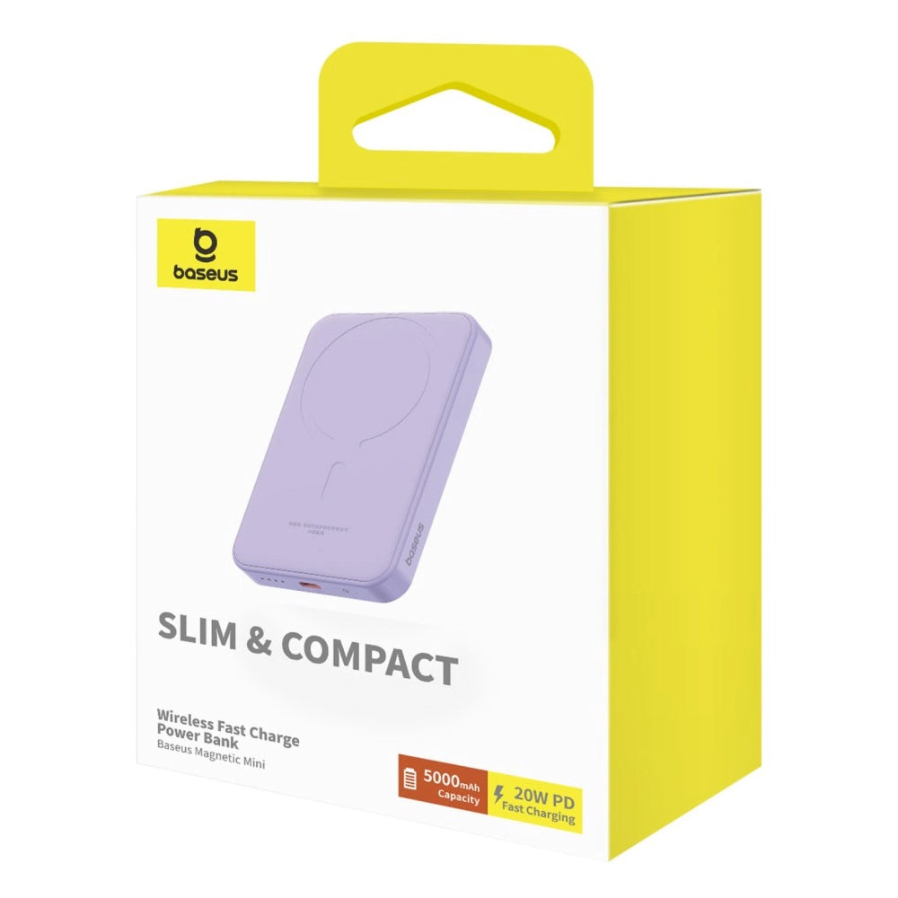 Εξωτερική Μπαταρία Wireless Baseus Magnetic Mini, 5000mAh, 20W, PD + FQI, 1 x QI - 1 x USB-C, Μωβ P10022107513