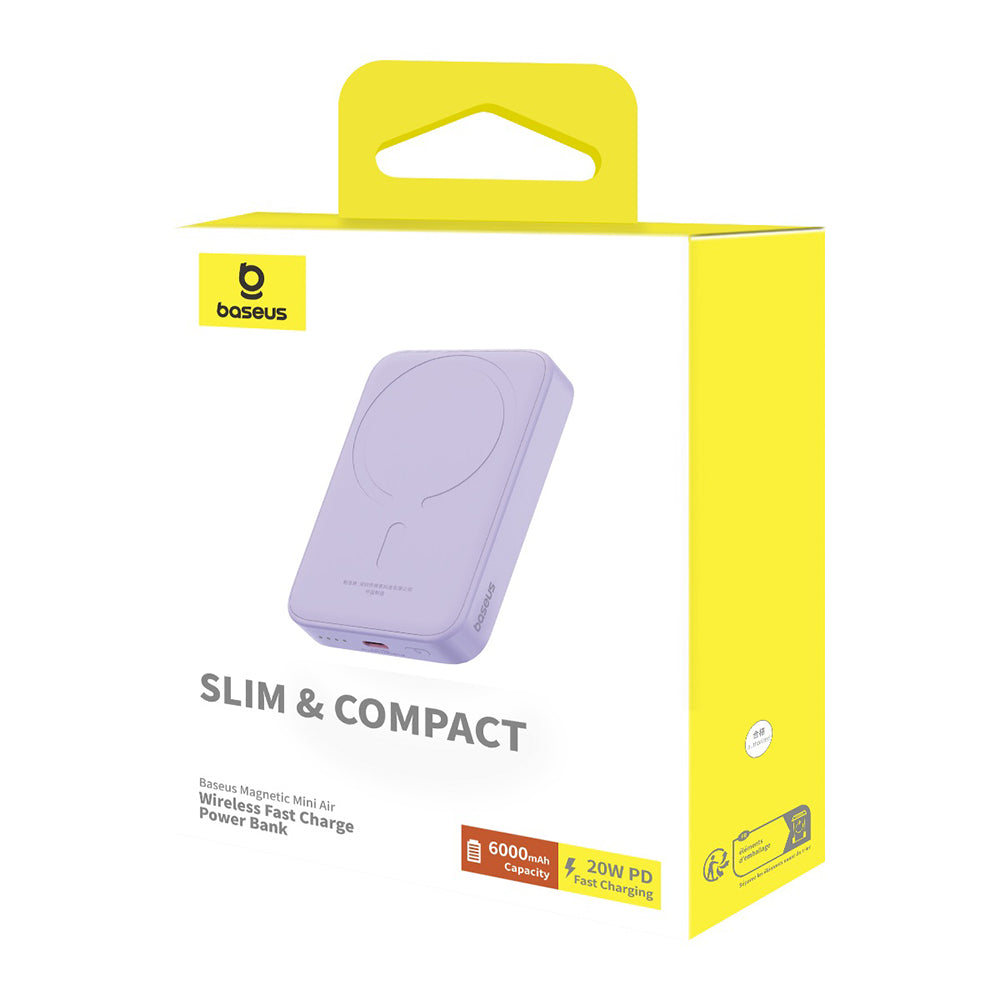 Εξωτερική Μπαταρία Wireless Baseus Mini Air, 6000mAh, 20W, PD + FQI, 1 x QI - 1 x USB-C, Μωβ P10059002513-00