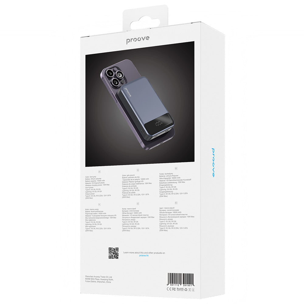 Εξωτερική Μπαταρία Wireless Proove Hoodman, 10000mAh, 20W, PD + FQI, 1 x QI - 1 x USB-C, Γκρι PBH120010003
