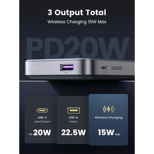 UGREEN PB206 Ασύρματη εξωτερική μπαταρία, 10000mAh, 20W, QC + PD + FQI, 1 x QI - 1 x USB-A - 1 x USB-C, γκρι