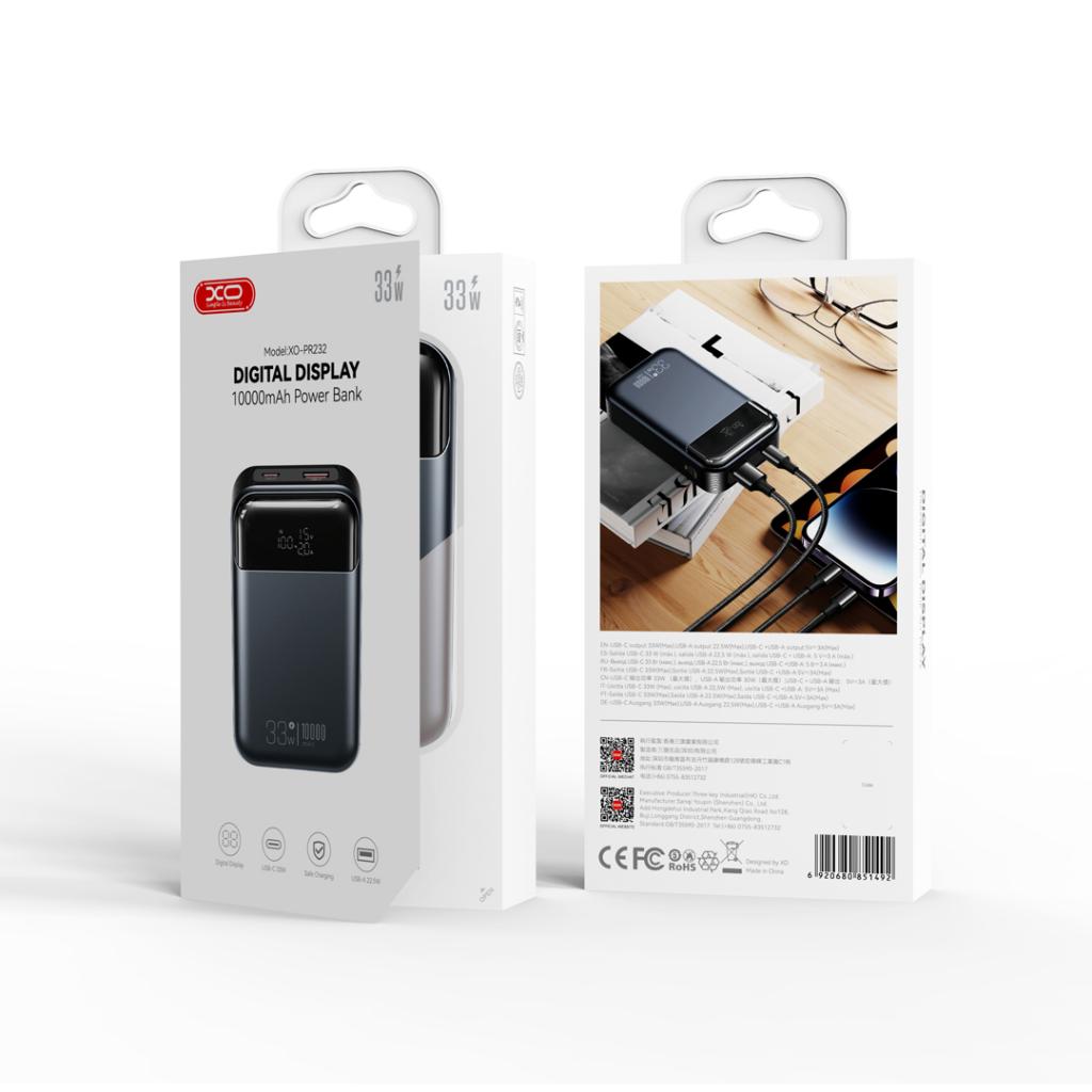 Εξωτερική Μπαταρία XO Design PR232, 10000mAh, 33W, QC + PD, 1 x USB-A - 1 x USB-C, Μαύρη