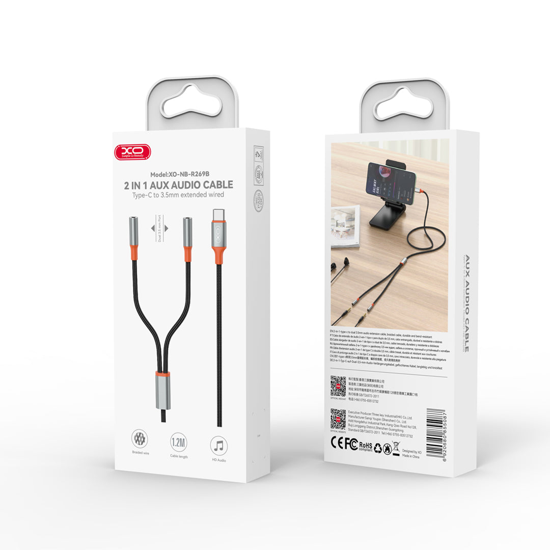 Καλώδιο Ήχου Διαχωριστής USB-C - 2 x 3.5mm XO Design NB-R269B 2in1, 1.2m, Μαύρο