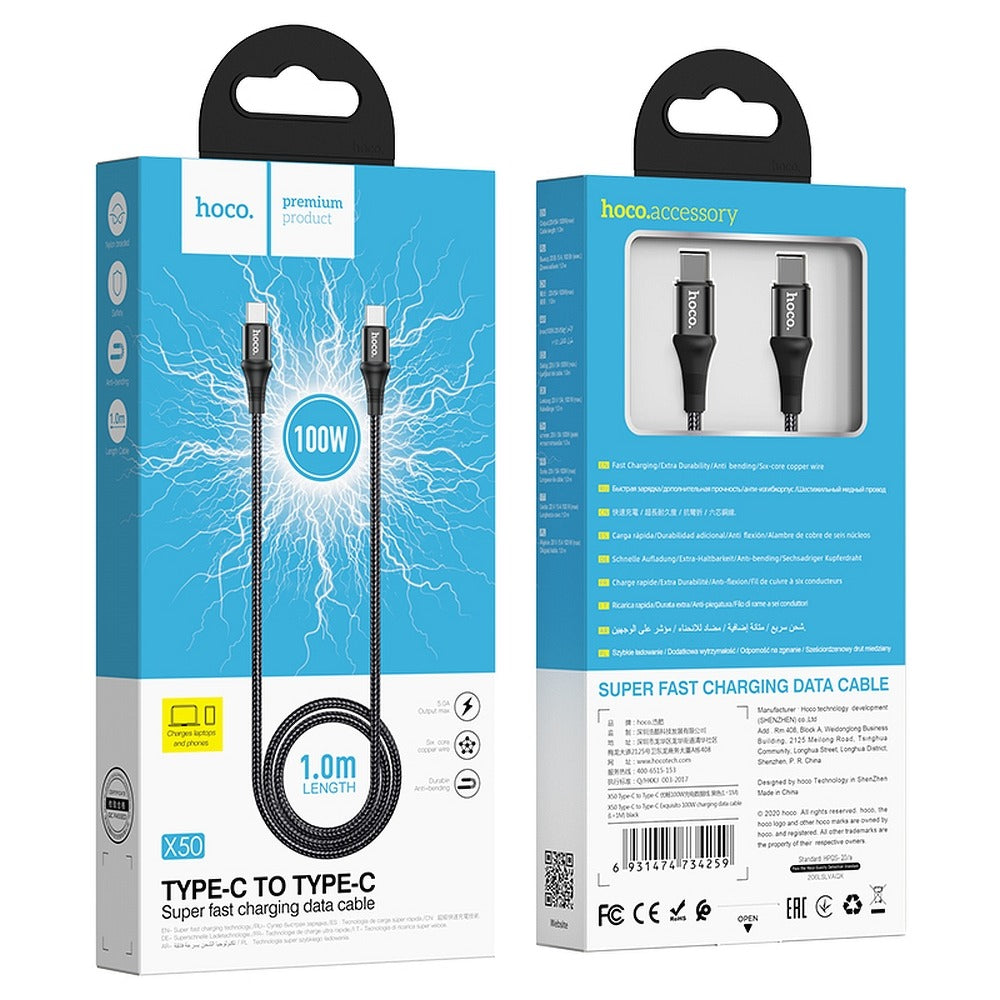 USB-C Data and Charging Cable - USB-C HOCO X50, 100W, 1m, Black