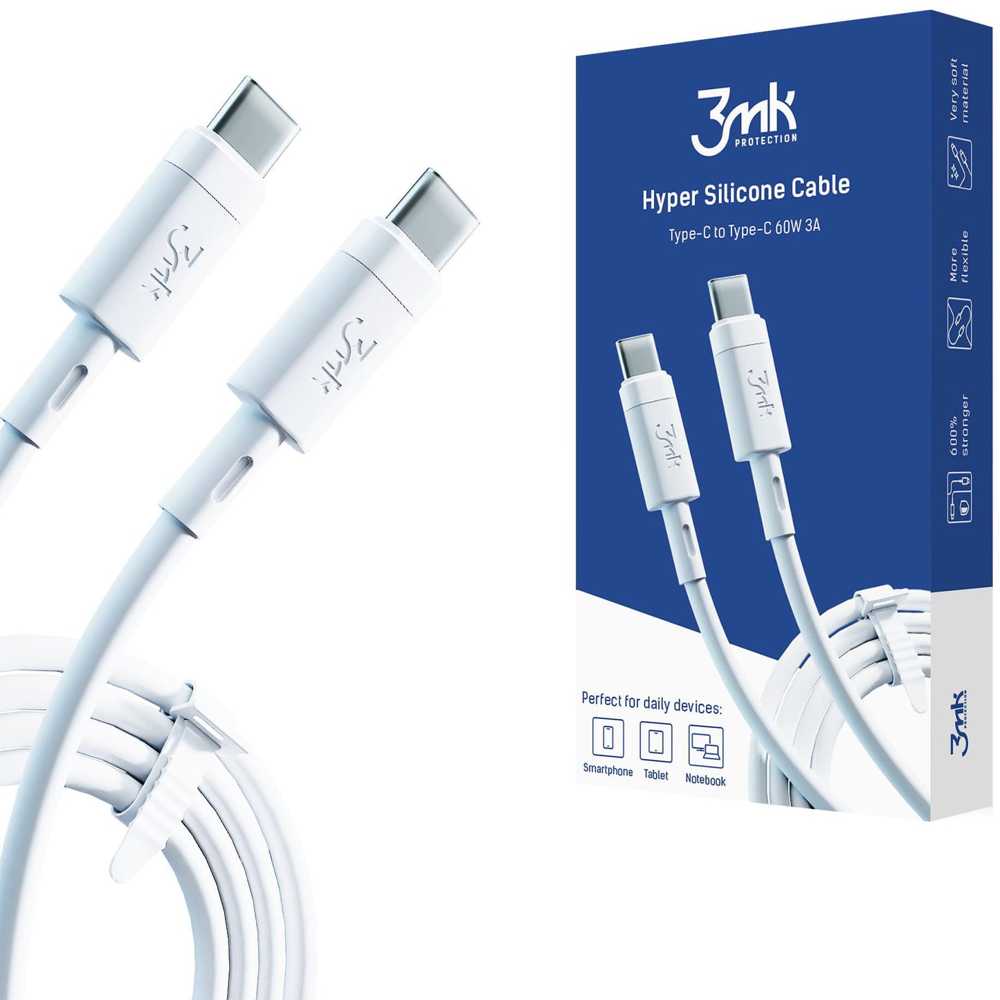 Καλώδιο Δεδομένων και Φόρτισης USB-C - USB-C 3MK Hyper Silicone, 60W, 1μ, Λευκό