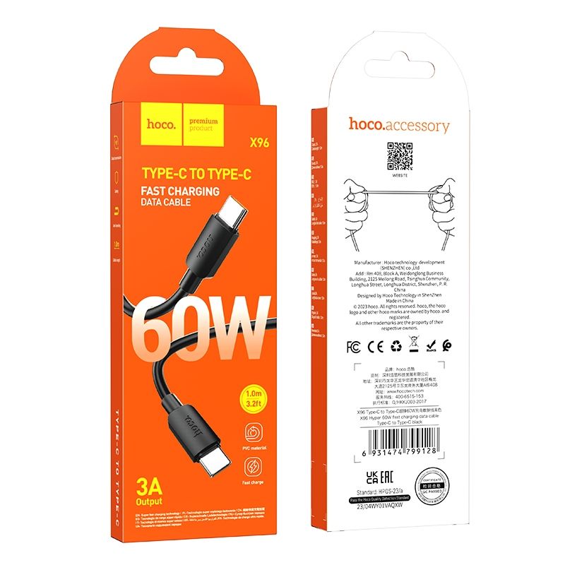 Καλώδιο δεδομένων και φόρτισης USB-C - USB-C HOCO HOCO X96, 60W, 1m, Μαύρο