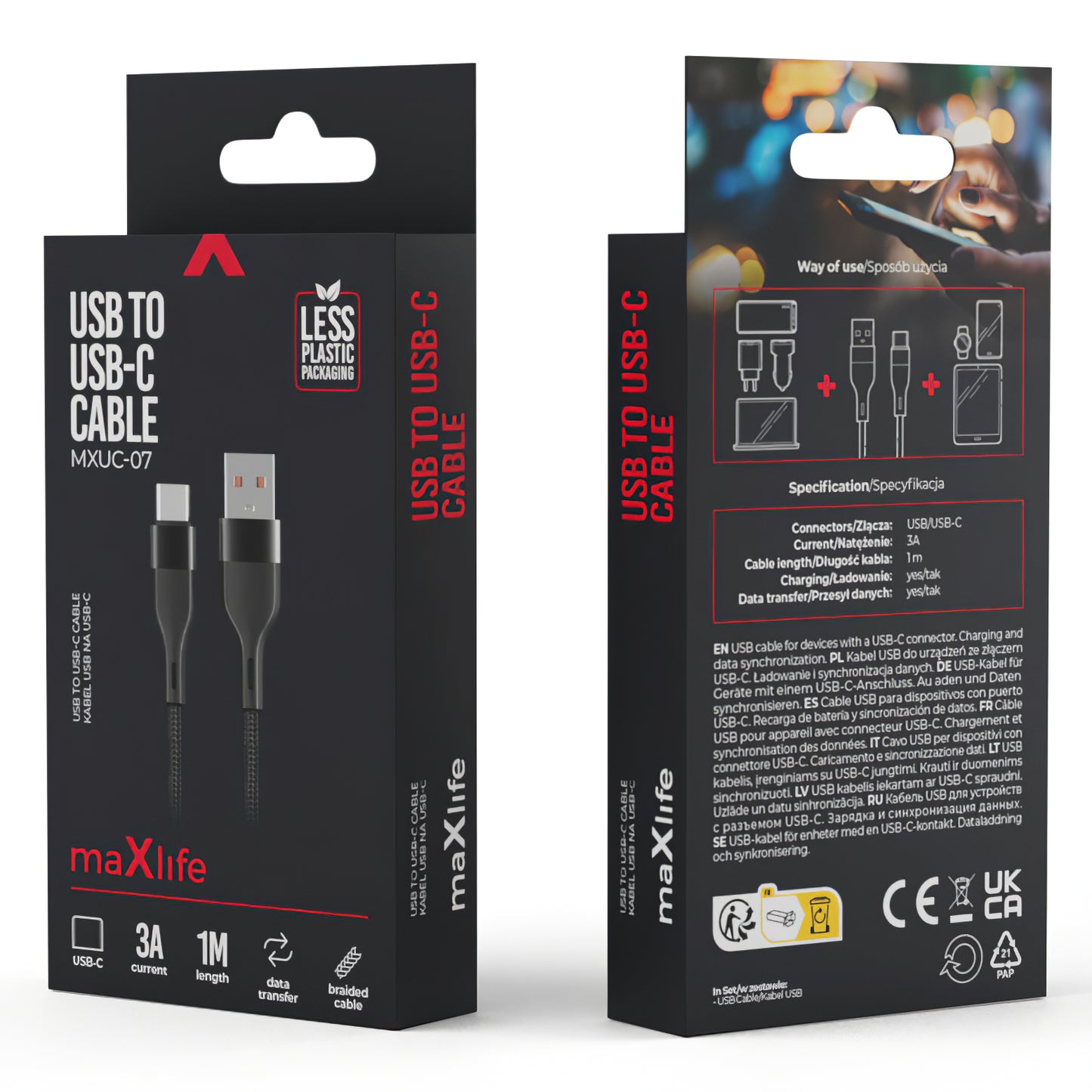 USB-A σε USB-C MaXlife MXUC-07, 20W, 1m, Μαύρο