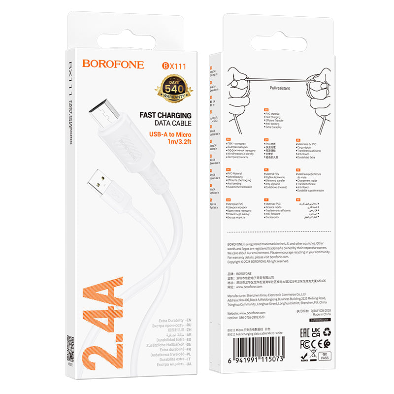 Καλώδιο δεδομένων και φόρτισης USB-A - microUSB Borofone BX111 Feliz, 18W, 1m, Λευκό