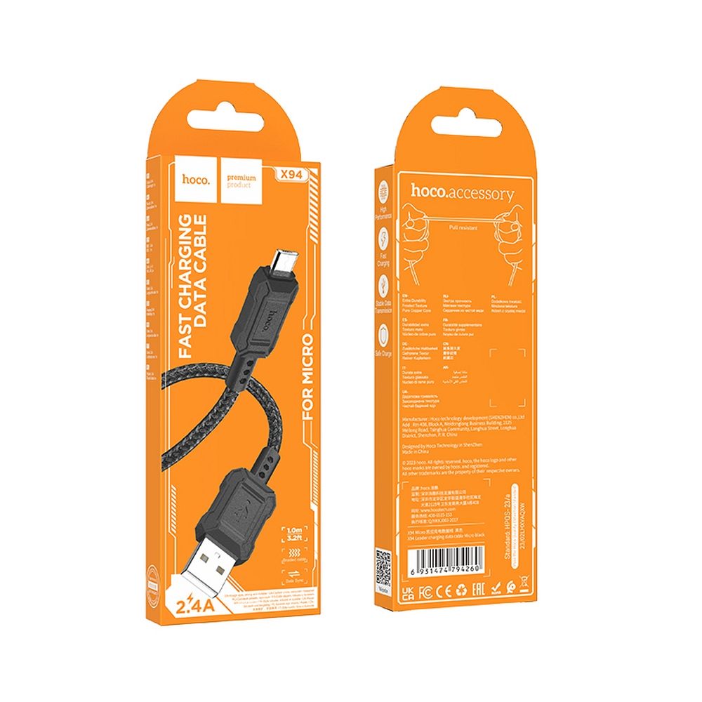 Καλώδιο Δεδομένων και Φόρτισης USB-A - microUSB HOCO Leader X94, 18W, 1m, Μαύρο