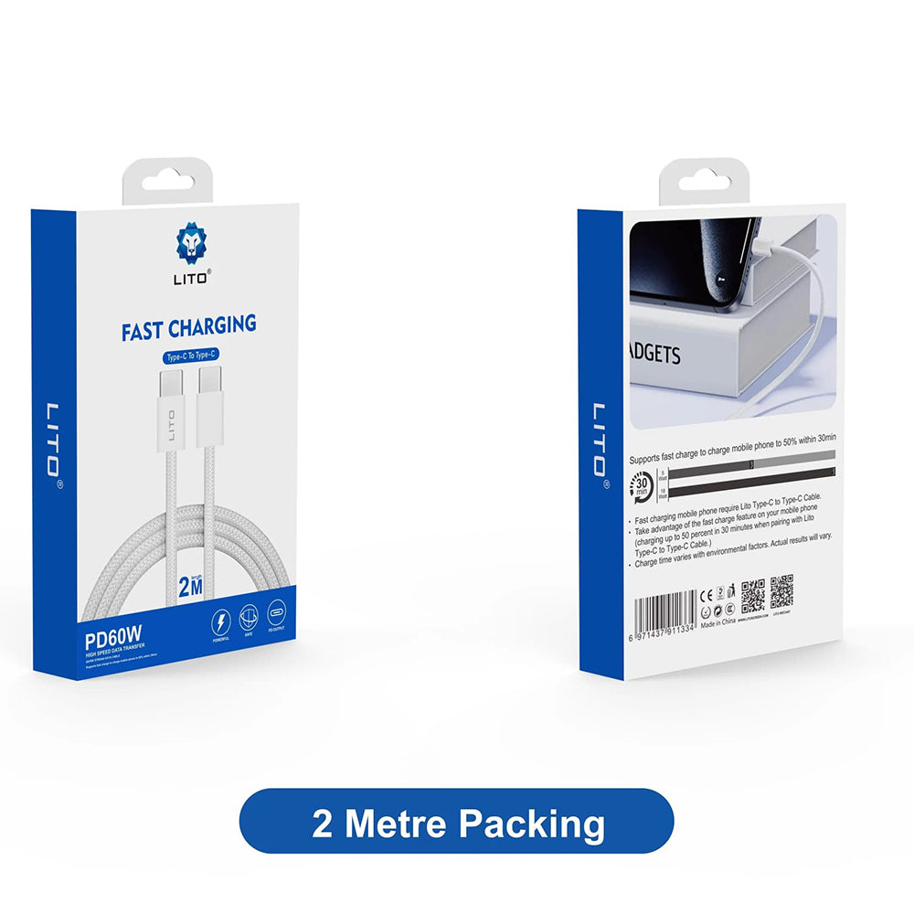 Καλώδιο Δεδομένων και Φόρτισης USB-C - USB-C Lito LD04CC, 60W, 2m, Λευκό