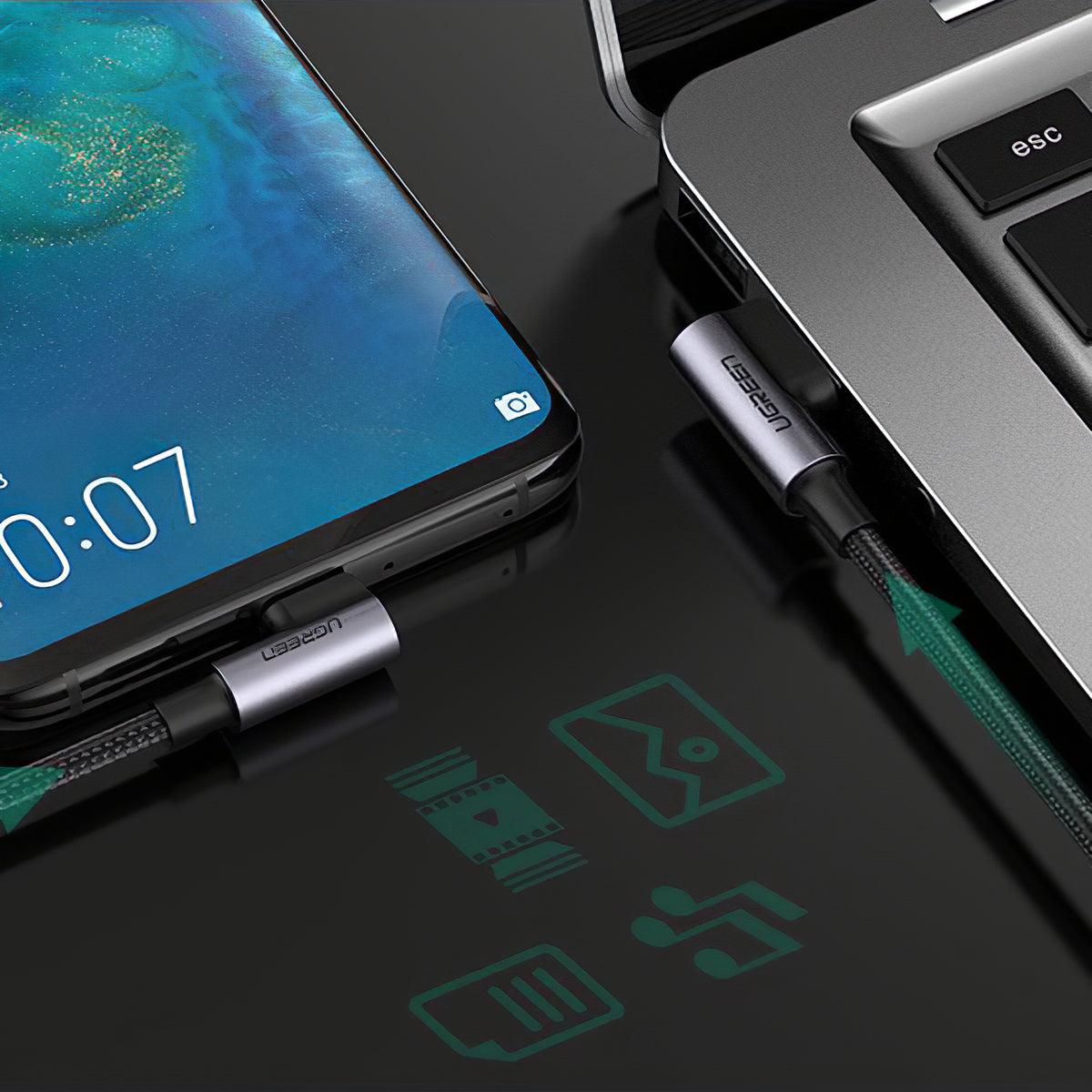 Καλώδιο Δεδομένων και Φόρτισης USB-A - USB-C UGREEN US176 Angled, 18W, 2m, Μαύρο