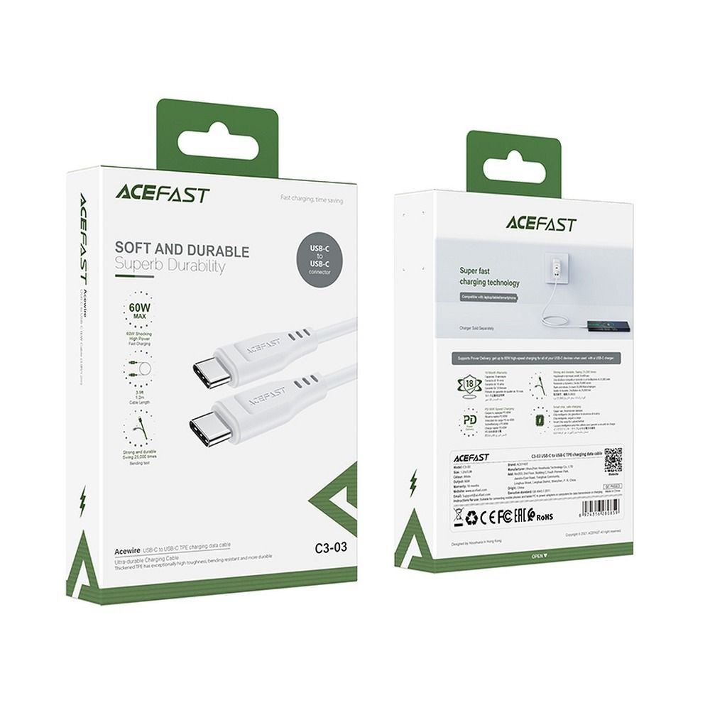 Καλώδιο Δεδομένων και Φόρτισης USB-C - USB-C Acefast C3-03, 60W, 1.2m, Λευκό