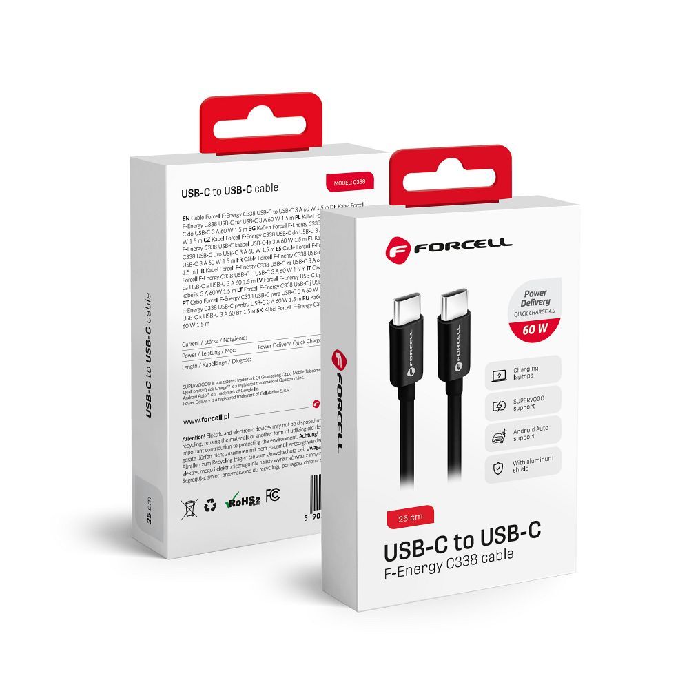 Καλώδιο δεδομένων και φόρτισης USB-C - USB-C Forcell F-Energy C338, 60W, 0.25m, Μαύρο