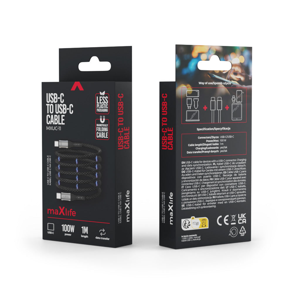 Καλώδιο Δεδομένων και Φόρτισης USB-C - USB-C MaXlife MXUC-11 Μαγνητικό, 100W, 1m, Μαύρο
