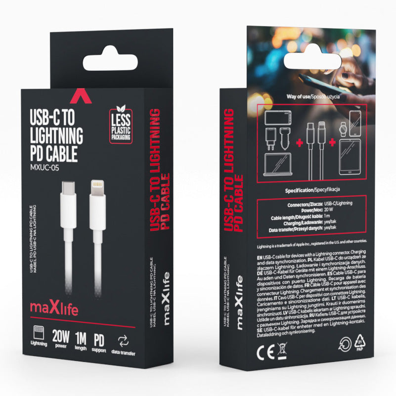 Καλώδιο Δεδομένων και Φόρτισης USB-C - Lightning MaXlife MXUC-05, 20W, 1m, Λευκό