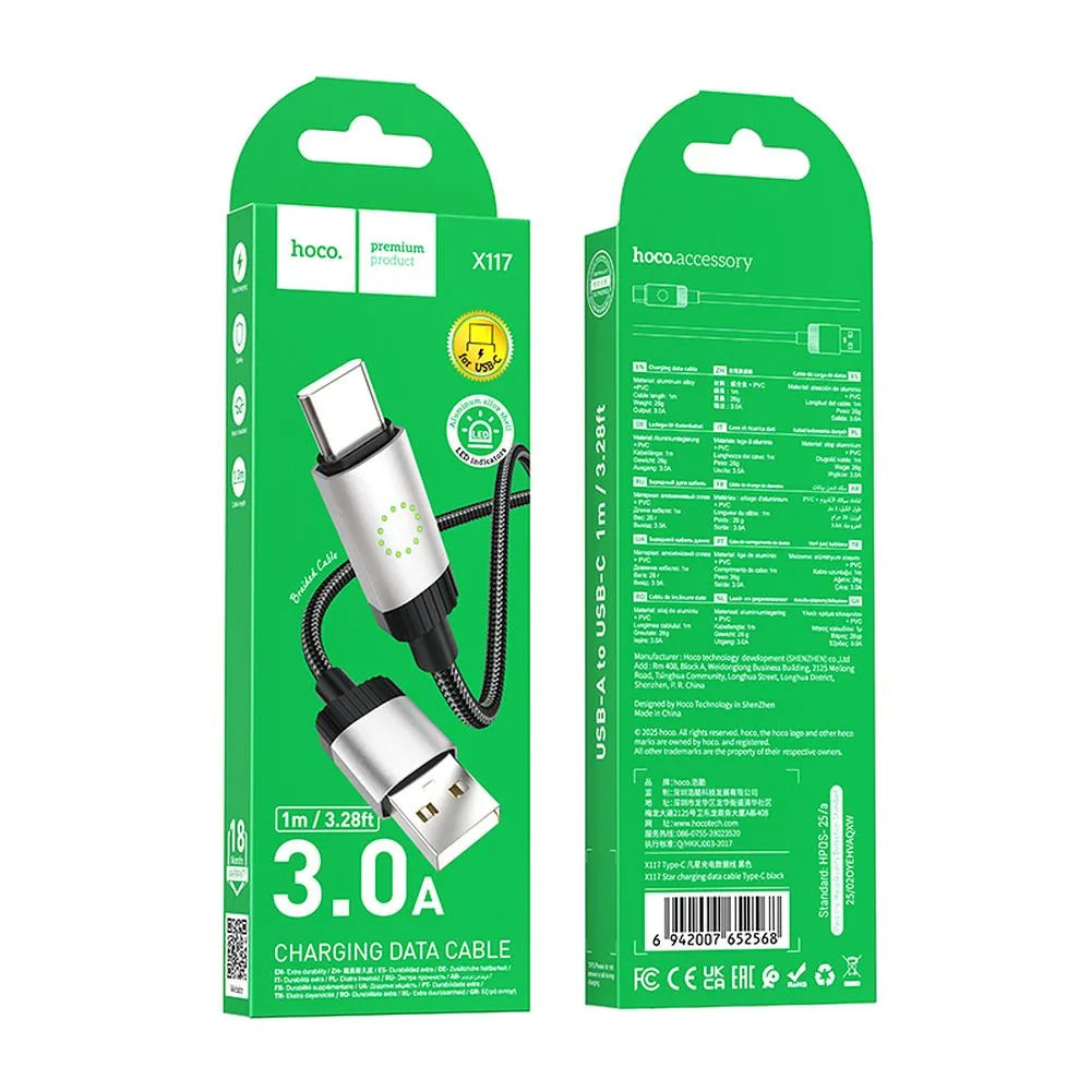 Καλώδιο Δεδομένων και Φόρτισης USB-A - USB-C HOCO X117, 60W, 1m, Μαύρο