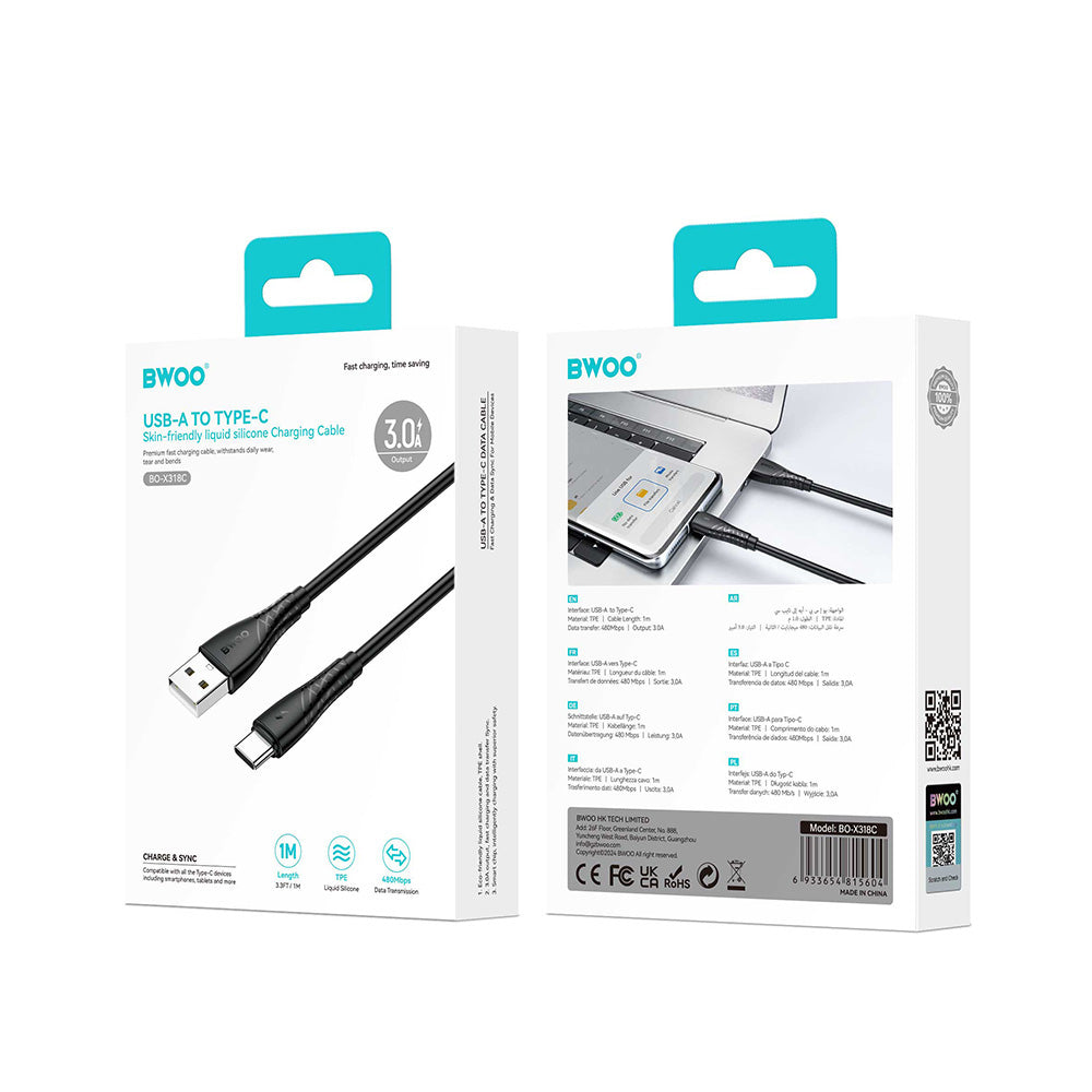 Καλώδιο Δεδομένων και Φόρτισης USB-A - USB-C BWOO BO-X318C, 27W, 1m, Μαύρο