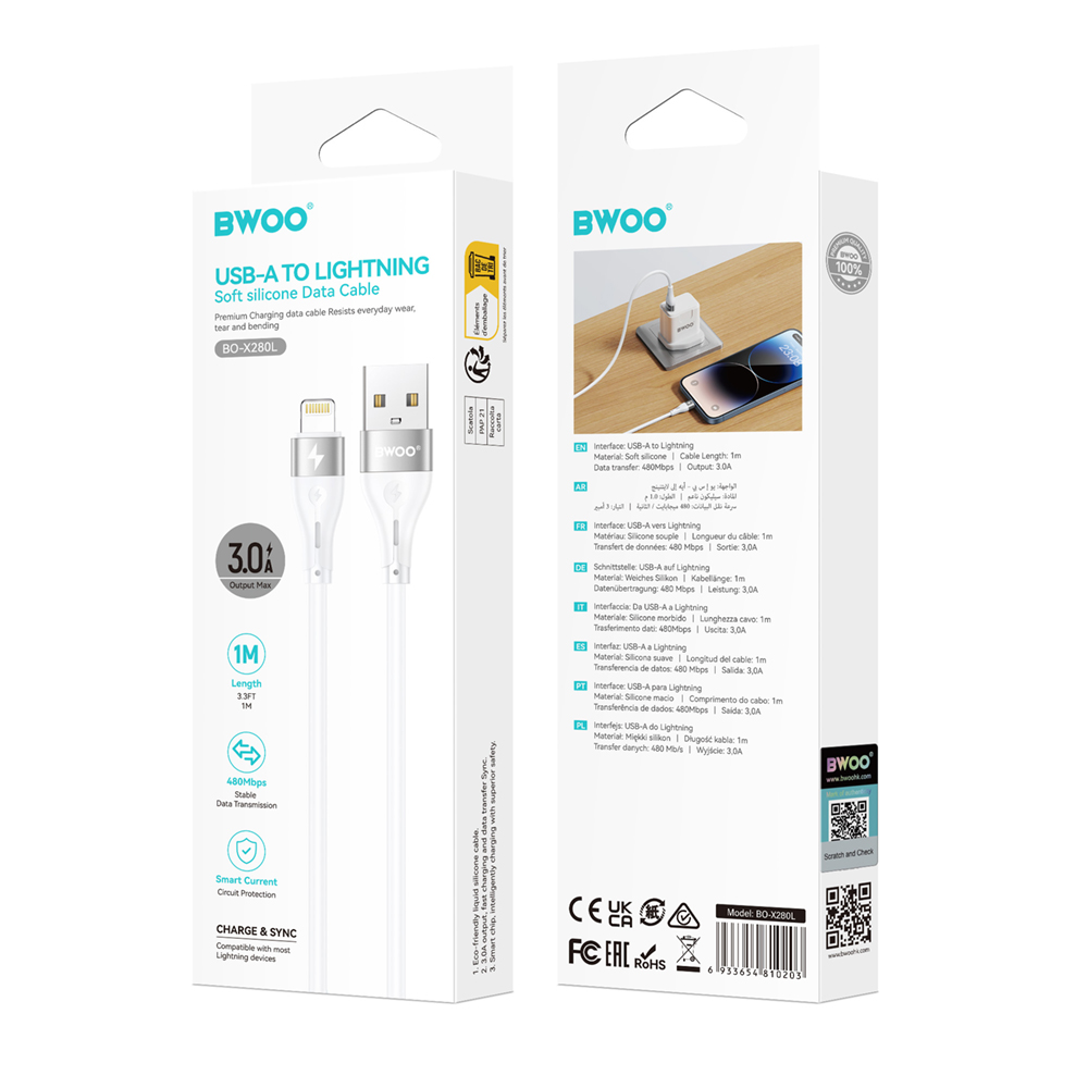 Καλώδιο Δεδομένων και Φόρτισης USB-A - Lightning BWOO X280L, 15W, 1μ, Λευκό