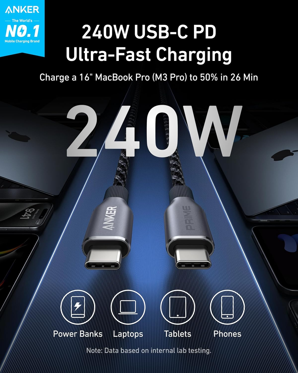 Καλώδιο δεδομένων και φόρτισης USB-C - USB-C Anker Prime, 240W, 0,9 m, Μαύρο A88E2011