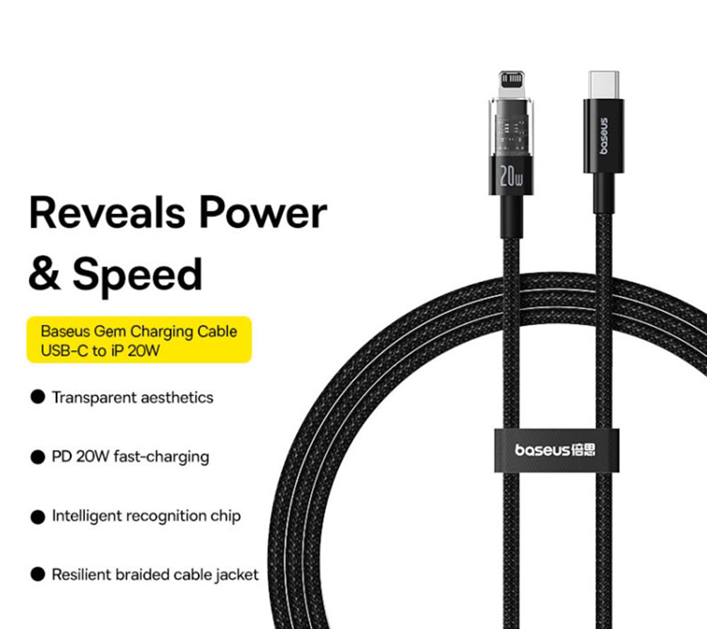 Καλώδιο Δεδομένων και Φόρτισης USB-C - Lightning Baseus Gem, 20W, 1m, Μαύρο P10373001111-00