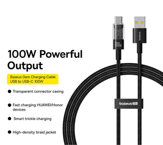 Καλώδιο Δεδομένων και Φόρτισης USB-A - USB-C Baseus Gem, 100W, 1m, Μαύρο P10373002111-00