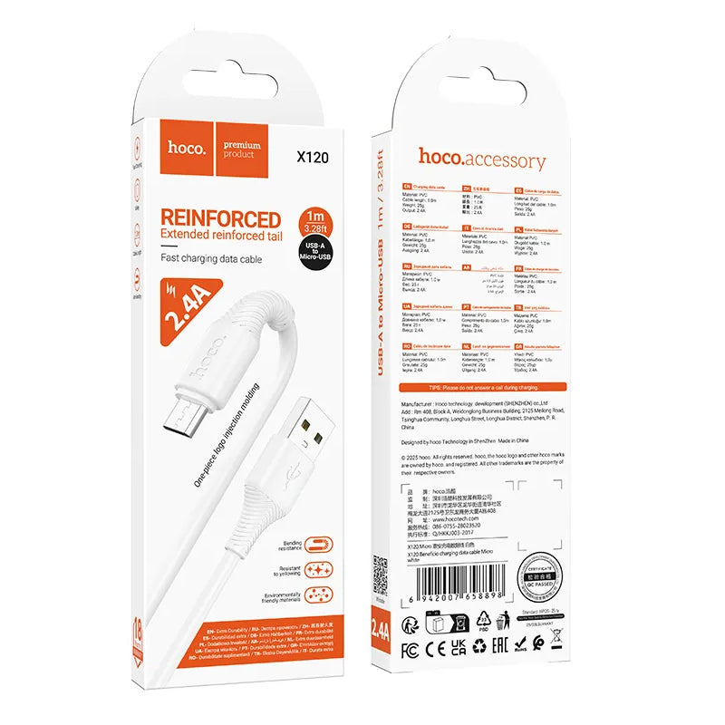 Καλώδιο Δεδομένων και Φόρτισης USB-A - microUSB HOCO X120, 18W, 1m, Λευκό