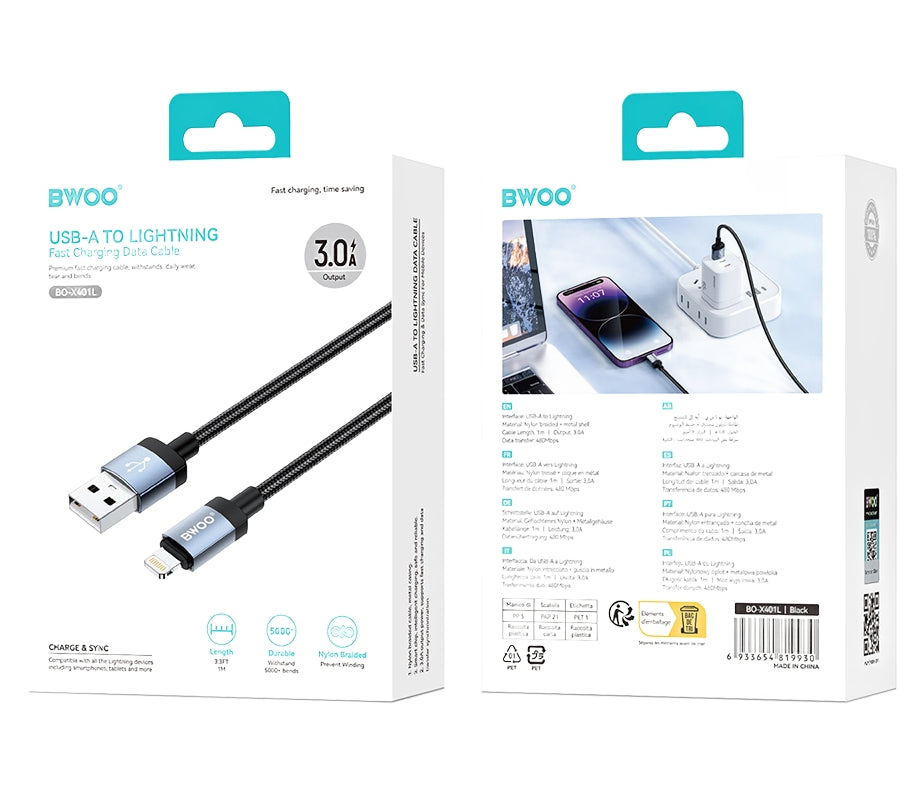 USB-A to Lightning Data and Charging Cable BWOO BO-X401L, 18W, 1m, Black