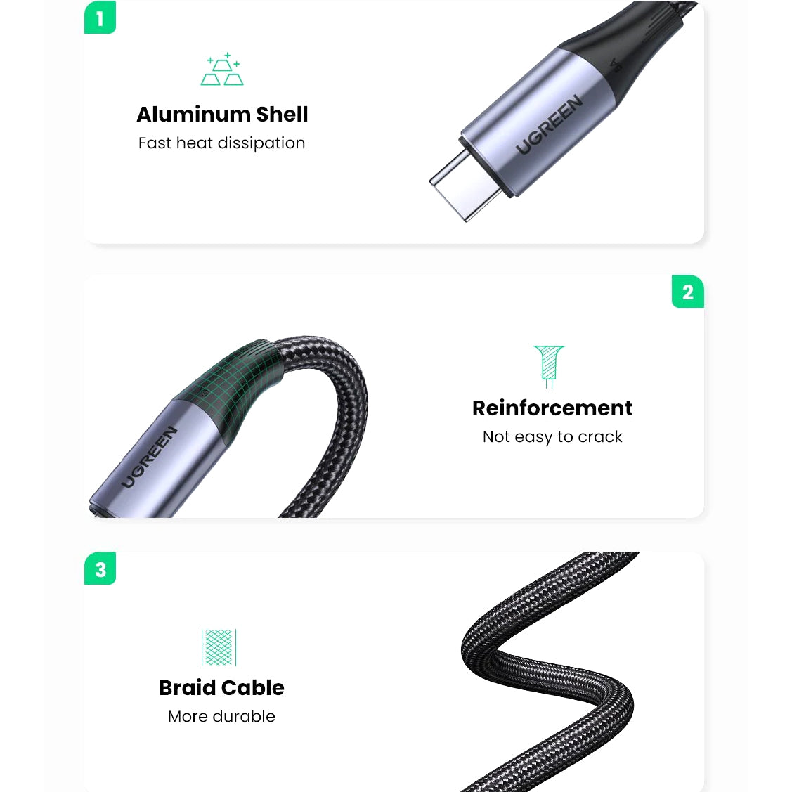 Καλώδιο δεδομένων και φόρτισης USB-C - USB-C UGREEN US355, 100W, 1m, Μαύρο