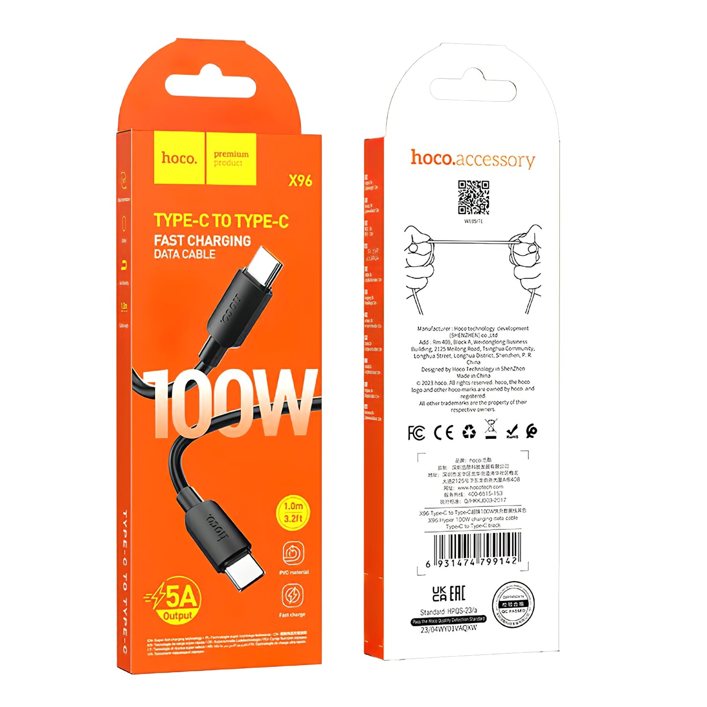 Καλώδιο Δεδομένων και Φόρτισης USB-C - USB-C HOCO X96, 100W, 1m, Μαύρο