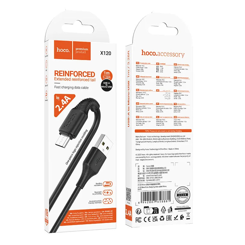 Καλώδιο Δεδομένων και Φόρτισης USB-A - microUSB HOCO X120, 18W, 1m, Μαύρο