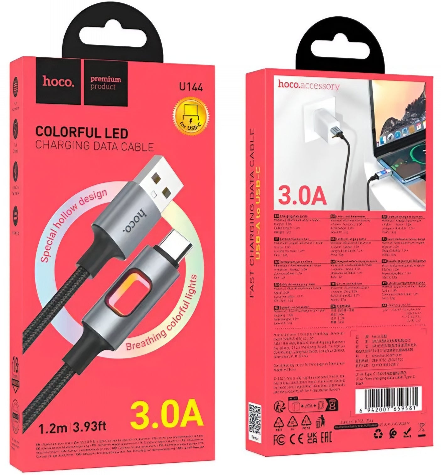 Καλώδιο Δεδομένων και Φόρτισης USB-A - USB-C HOCO U144 Led, 18W, 1.2m, Μαύρο