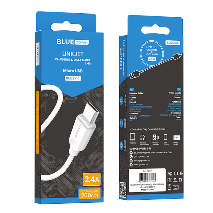 Καλώδιο δεδομένων και φόρτισης USB-A σε microUSB BLUE Power BM2BX14 LinkJet, 18W, 2m, Λευκό