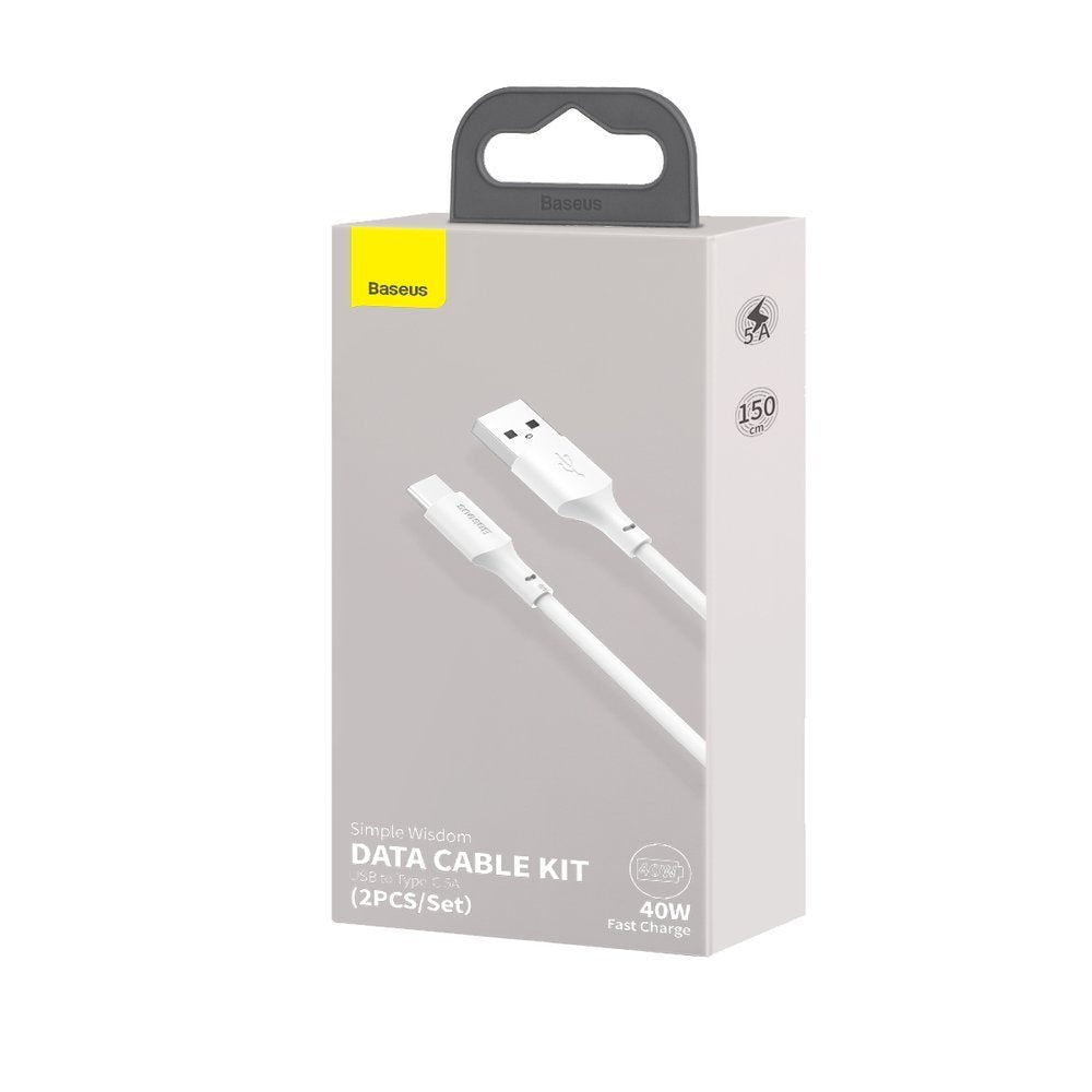 Καλώδιο Δεδομένων και Φόρτισης USB-A - USB-C Baseus, 40W, 1.5m, Σετ 2 τεμαχίων, Λευκό TZCATZJ-02