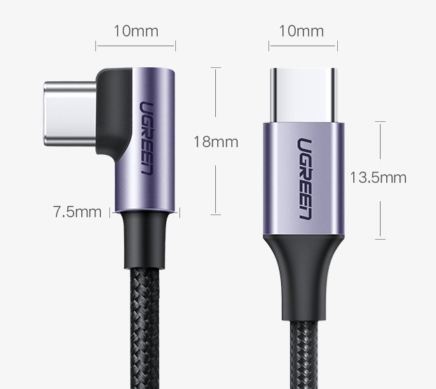 UGREEN US255 Angled USB-C to USB-C Data and Charging Cable, 60W, 1m, Gray