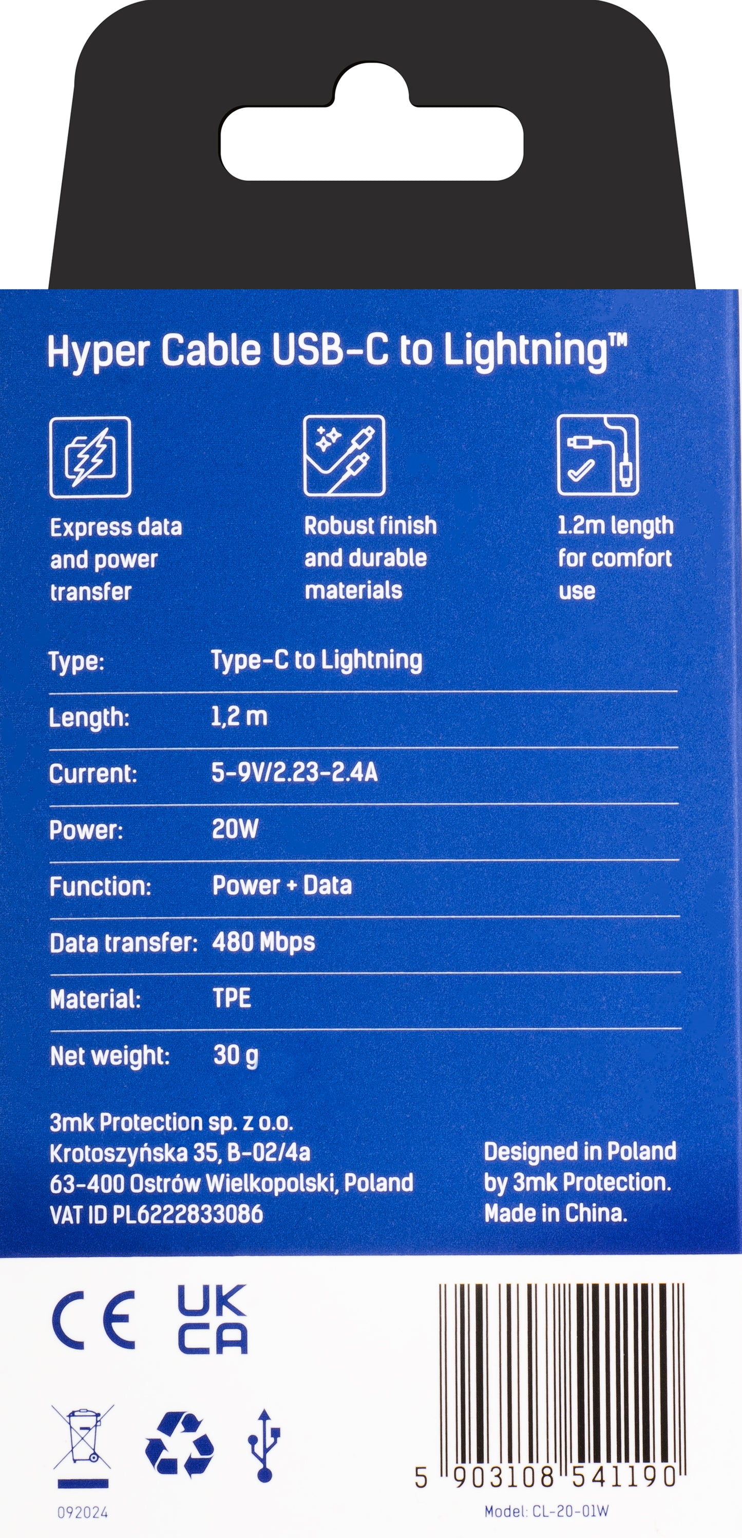 Καλώδιο Δεδομένων και Φόρτισης USB-C - Lightning 3MK Hyper, 20W, 1.2m, Λευκό